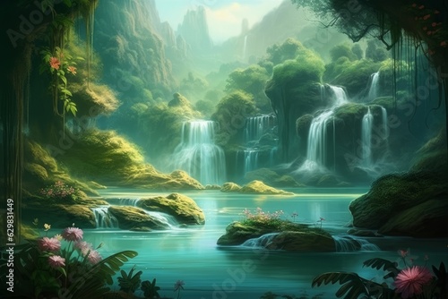 Illustration of beautiful fantasy river in lush jungle with waterfalls  Generative AI