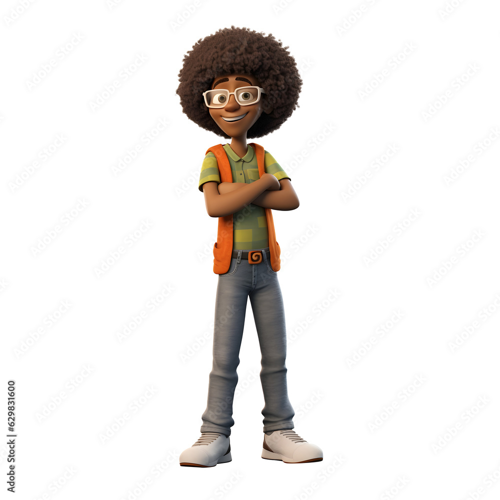 3D cartoon character happy smiling black young man standing with arms ...