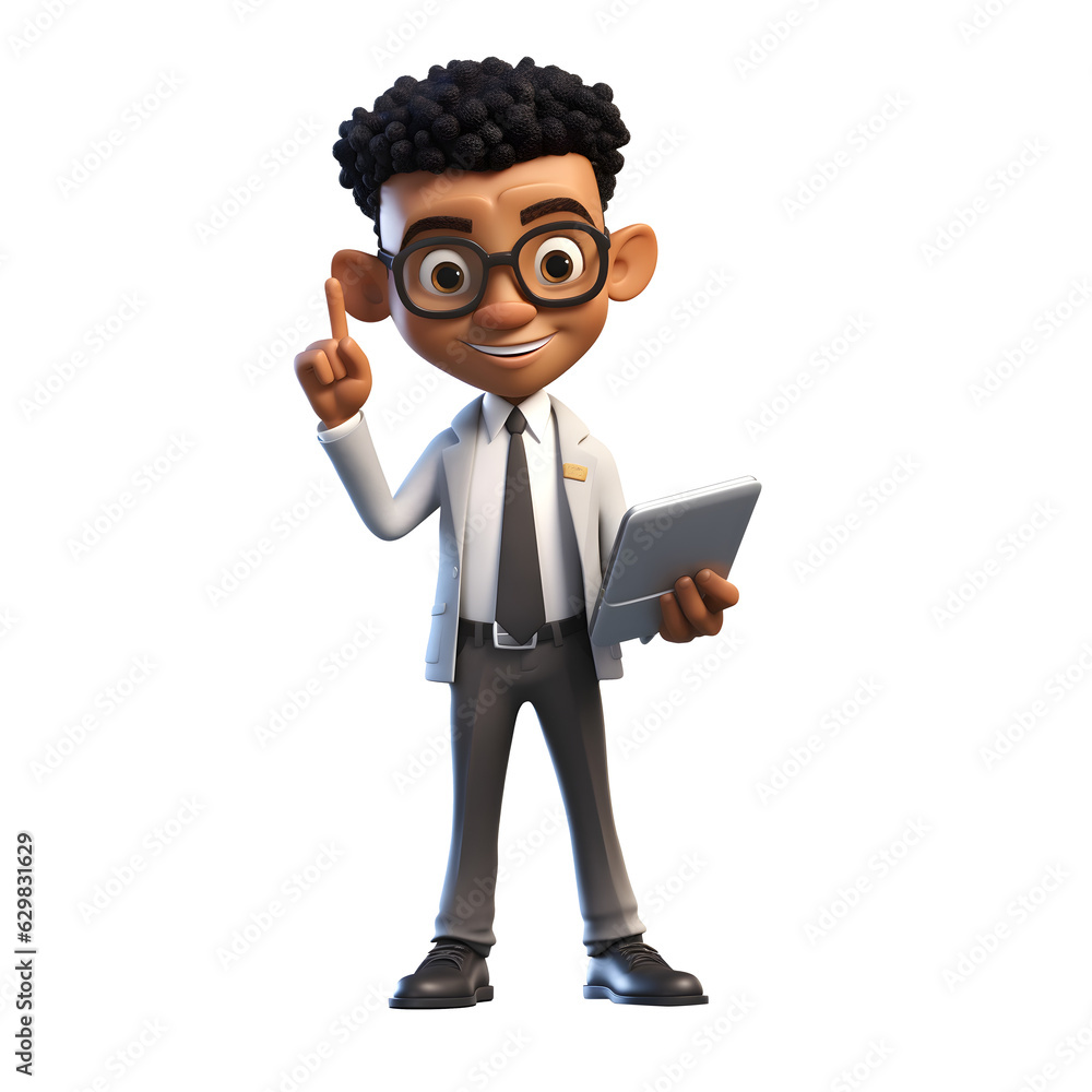 3D cartoon character happy smiling black young businessman standing holding tablet computer, Full body isolated on white and transparent background, ai generate