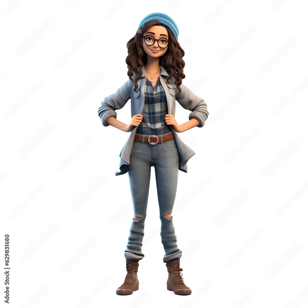 3D cartoon character happy smiling young woman standing posing with wear a sweater and a hat, Full body isolated on white and transparent background, ai generate 3D cartoon character happy smiling young woman standing posing with wear a sweater and a hat, Full body isolated on white and transparent background, ai generate