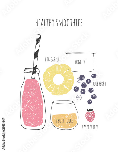 Hand drawn healthy smoothie recipe. Doodle raspberries, blueberry, pineapple, yogurt, juice.