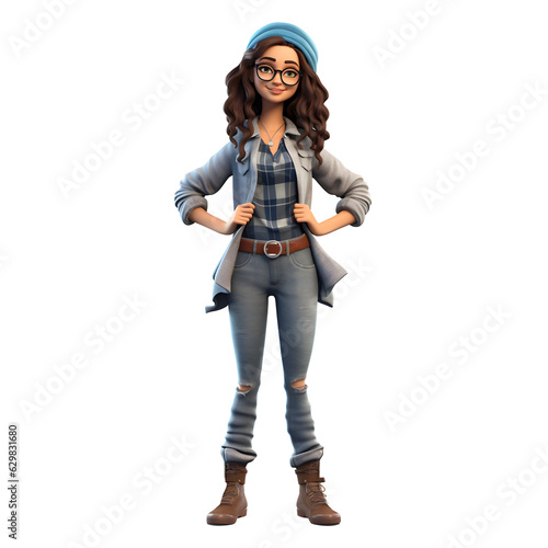 3D cartoon character happy smiling young woman standing posing with wear a sweater and a hat, Full body isolated on white and transparent background, ai generate © Black Pig