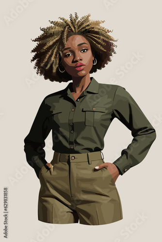 Afro-American woman: Large twist out, black eyes, caramel lipstick, olive green button-up, black slacks 