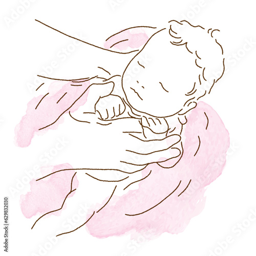 新生児の沐浴の線画イラスト・カラー　Newborn bathing line drawing illustration color