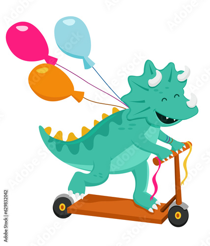 Cute Triceratops Riding Scooter With Balloons