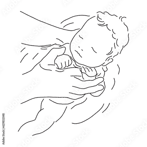 新生児の沐浴の線画イラスト
Line drawing illustration of bathing a newborn