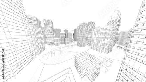 Wireframe Cityscape Low-polygon cities and buildings In the city s business district  a tall structure There are rivers and roads. 3d rendering