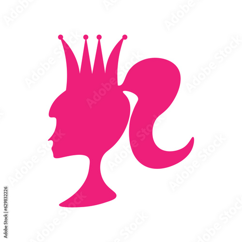 Pink girl in crown on transparent background. Pink doll logo concept. Vector art. Advertising design for online store. 