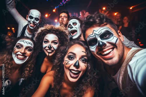 Young People in Costumes Celebrating Halloween. Group of Young Happy Friends Wearing Halloween Costumes having Fun at Party in Nightclub by doing Scary faces. Celebration of Halloween.