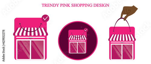 Pink Shopping Bag in shape of Shop or store and order confirm icon pop up above. Shopping concept. Vector art. Advertising design for online store. 