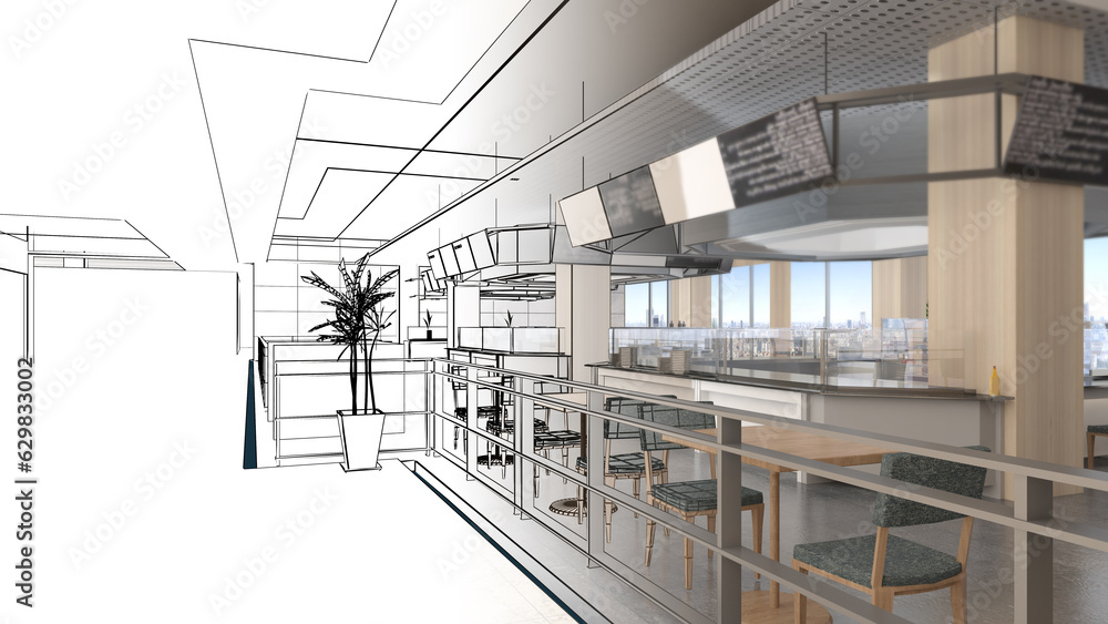 the food court, the ordering counter, and the seating,a combination of line drawings and color.,3d rendering the food court, the ordering counter, and the seating,a combination of line drawings and color.,3d rendering