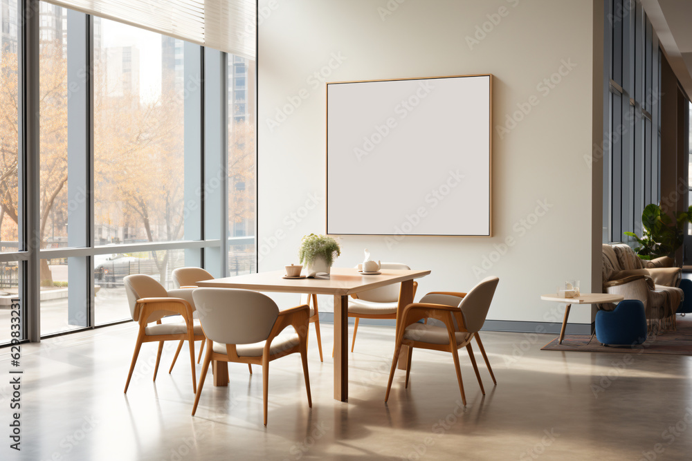 a dining room space with chairs, coffee table and a large art print, in the style of letterism, yankeecore, leather/hide, yale university school of art - Generative AI a dining room space with chairs, coffee table and a large art print, in the style of letterism, yankeecore, leather/hide, yale university school of art - Generative AI