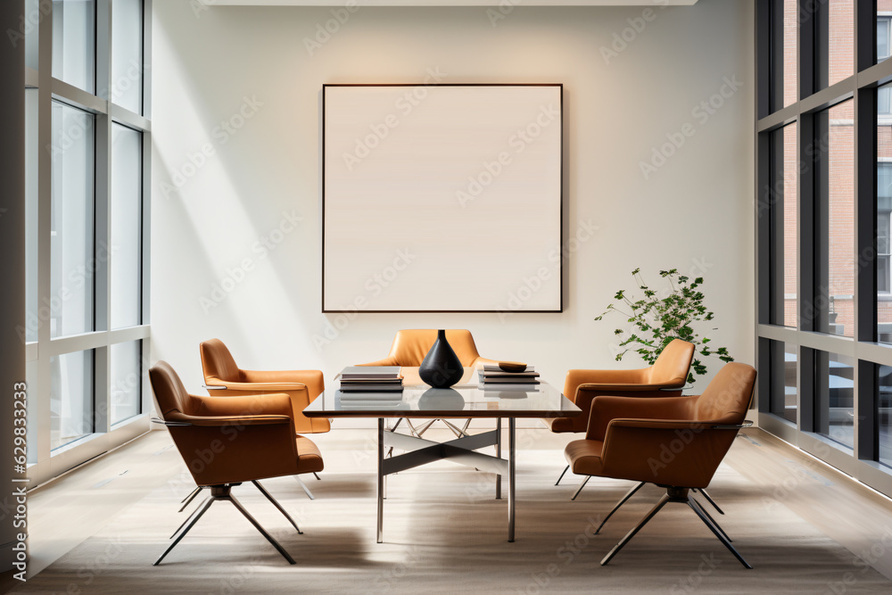 a dining room space with chairs, coffee table and a large art print, in the style of letterism, yankeecore, leather/hide, yale university school of art - Generative AI a dining room space with chairs, coffee table and a large art print, in the style of letterism, yankeecore, leather/hide, yale university school of art - Generative AI