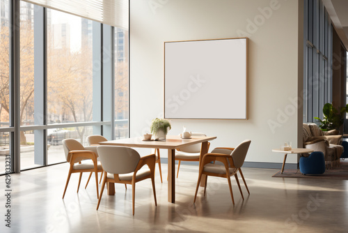 a dining room space with chairs, coffee table and a large art print, in the style of letterism, yankeecore, leather/hide, yale university school of art - Generative AI photo