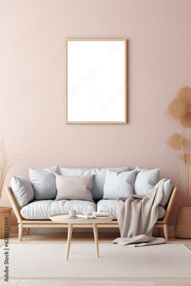 Mockup frame in interior background, room in light pastel colors, Scandi-Boho style, aspect - Generative AI Mockup frame in interior background, room in light pastel colors, Scandi-Boho style, aspect - Generative AI