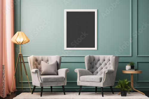Poster frame mockup in home interior with old retro furniture - Generative AI