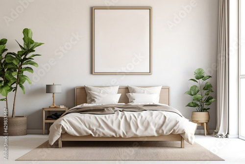 Mockup frame in cozy beige bedroom interior background - Generative AI