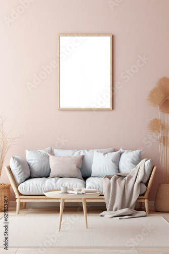 Mockup frame in interior background, room in light pastel colors, Scandi-Boho style, aspect - Generative AI