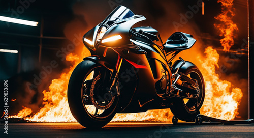 Super sport bike with fire for automotive background