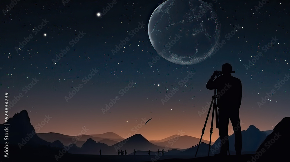 silhouette of a man with a telescope against the background of a starry night sky with a moon. silhouette of a man with a telescope against the background of a starry night sky with a moon.