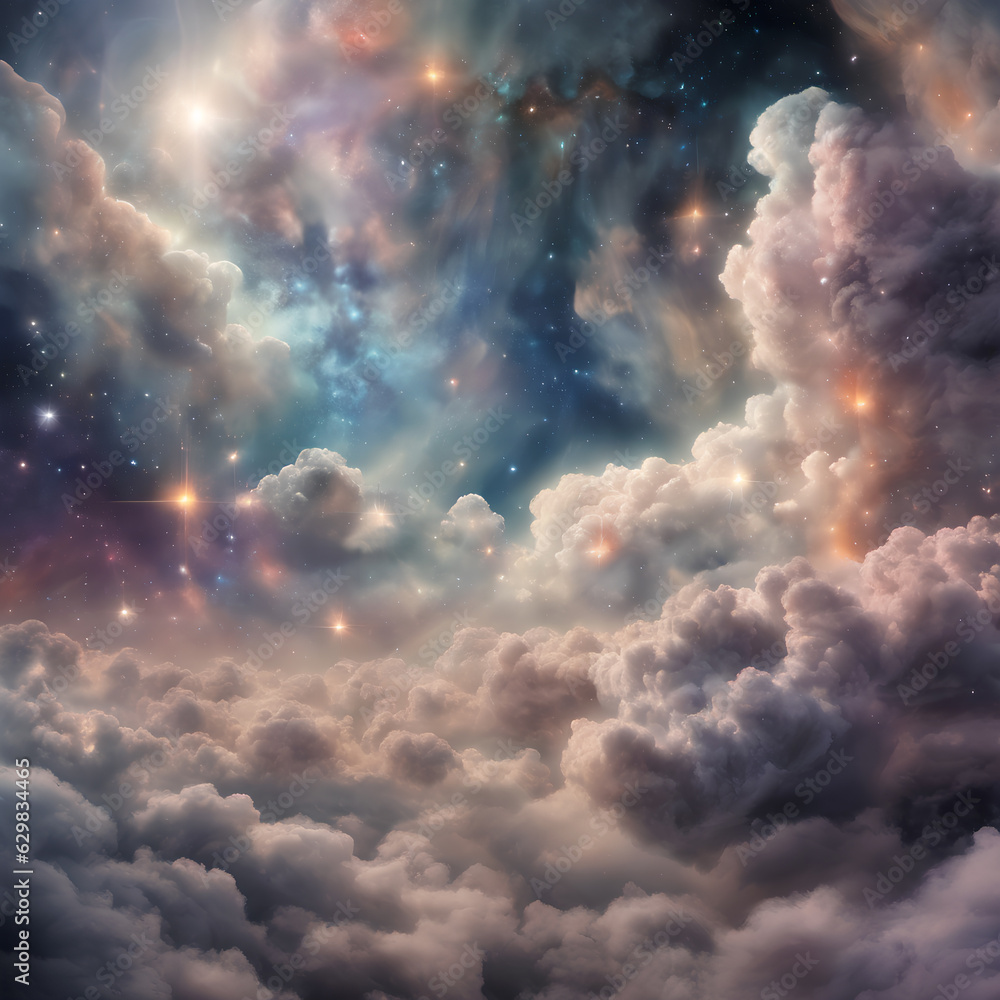 Nebula clouds and shining stars scene. Soft muted colors. Space fantasy.