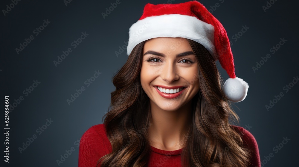 Beautiful joyful girl in Santa Claus hat smiling and looking at camera. Generative Ai. Beautiful joyful girl in Santa Claus hat smiling and looking at camera. Generative Ai.