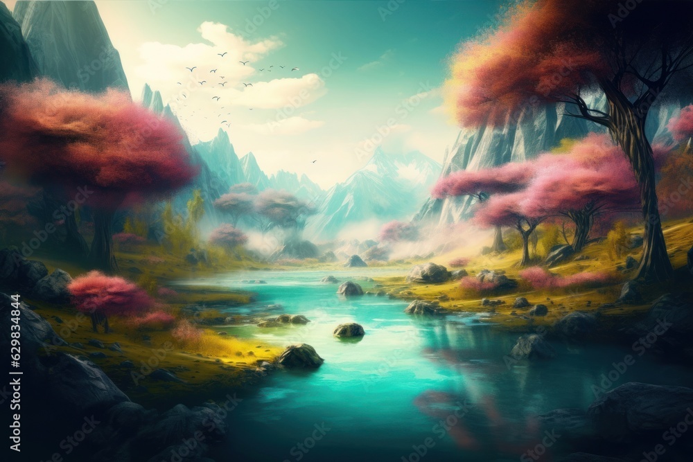 Generative AI illustration of fantasy river landscape, Generative AI