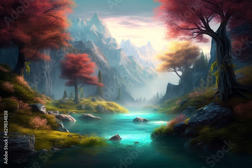 Generative AI illustration of fantasy river landscape, Generative AI © Dhriti