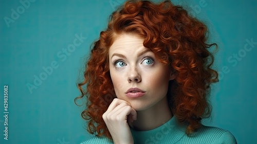 Portrait of beautiful thoughtful pensive ginger young woman with red curly hair on blue background, with copy space for text advertisement, ai generative © mariof