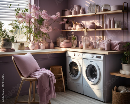  a lavender laundry room with brown accents  © Sekai