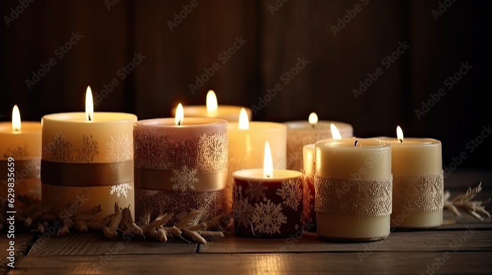 Close up of burning candles as a detail of christmas home decor. 