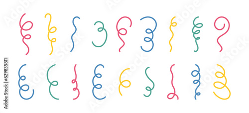 Doodle festive confetti and streamers set. Hand drawn falling confetti collection. Doodle party firecracker and popper elements. Color vector illustration on white background in childish style.
