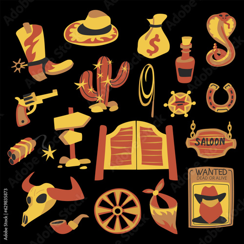 Elements of the wild West in a modern flat style on black. Vector illustration cowboy boot, hat, saloon doors and sign, bandana, bull skull, revolver, cactus, bottle, dynamite, revolver, sheriff's