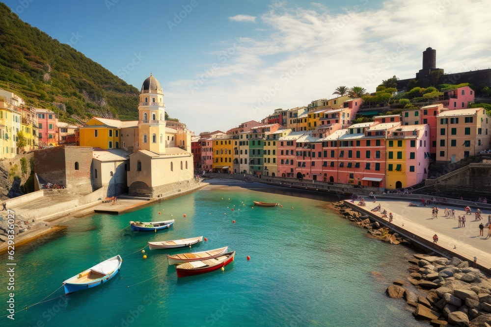 Panorama of Vernazza town in Cinque Terre, Liguria, Italy, Generative AI