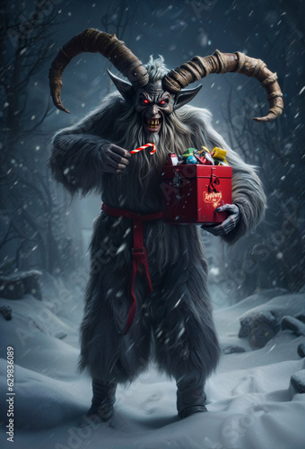 Krampus, a mythical anthropomorphic creature with gifts.