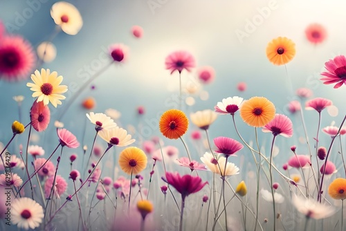 flowers in the field, flowers in poppies, field of flowers , DSLR view, background is sky