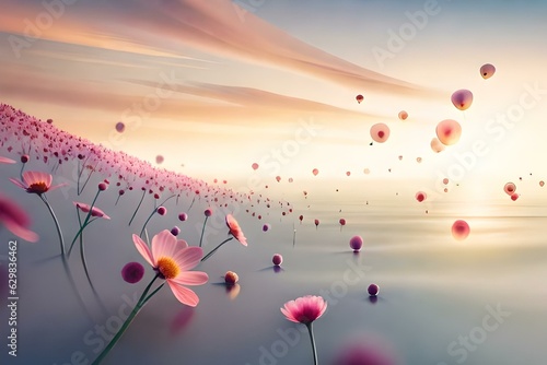 poppy flower field, field of flowers, flowers flying away one by one , pink flowers depicting the background, background with flowers