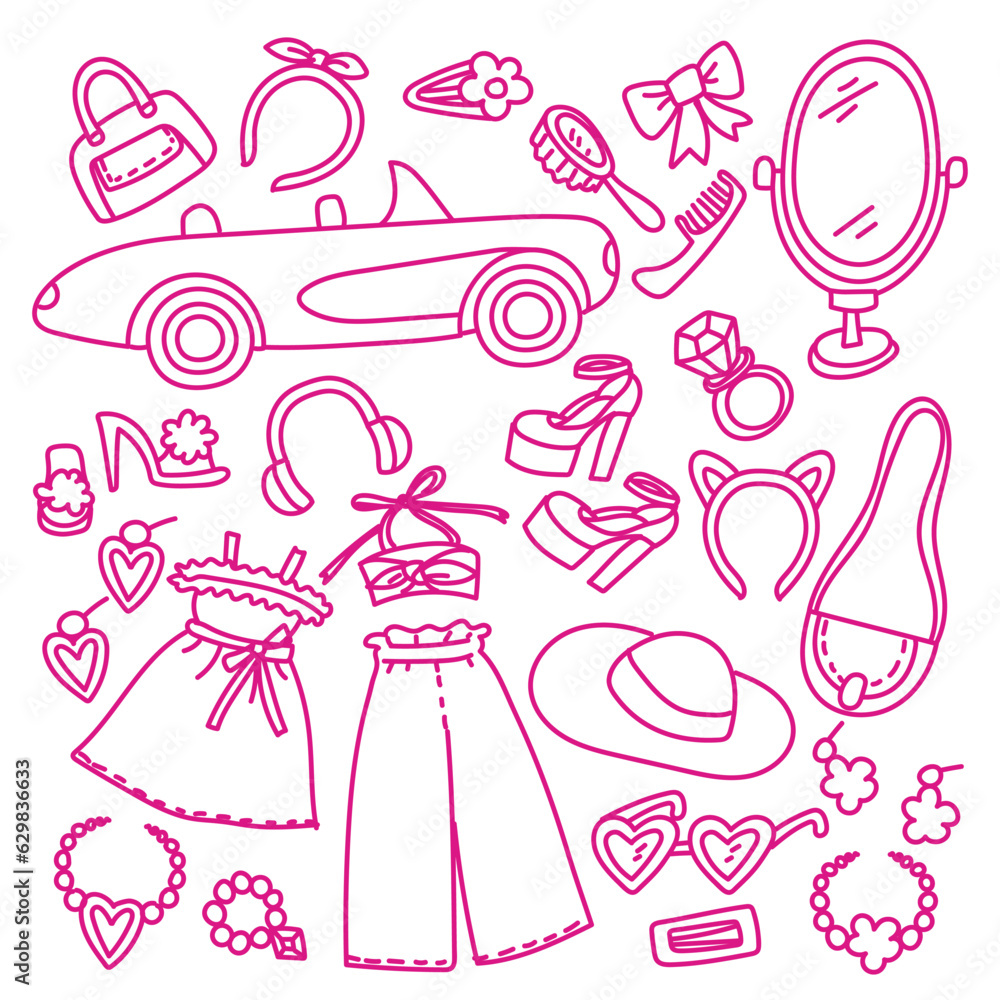 Barbiecore contour set. Fashionable pink set, aesthetic accessories and clothes for a pink doll. Vector illustration. A set of stickers, elements of nostalgia