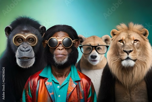 different animals in a group, wearing shirts and goggles, characters of movie 