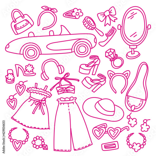 Barbiecore contour set. Fashionable pink set, aesthetic accessories and clothes for a pink doll. Vector illustration. A set of stickers, elements of nostalgia