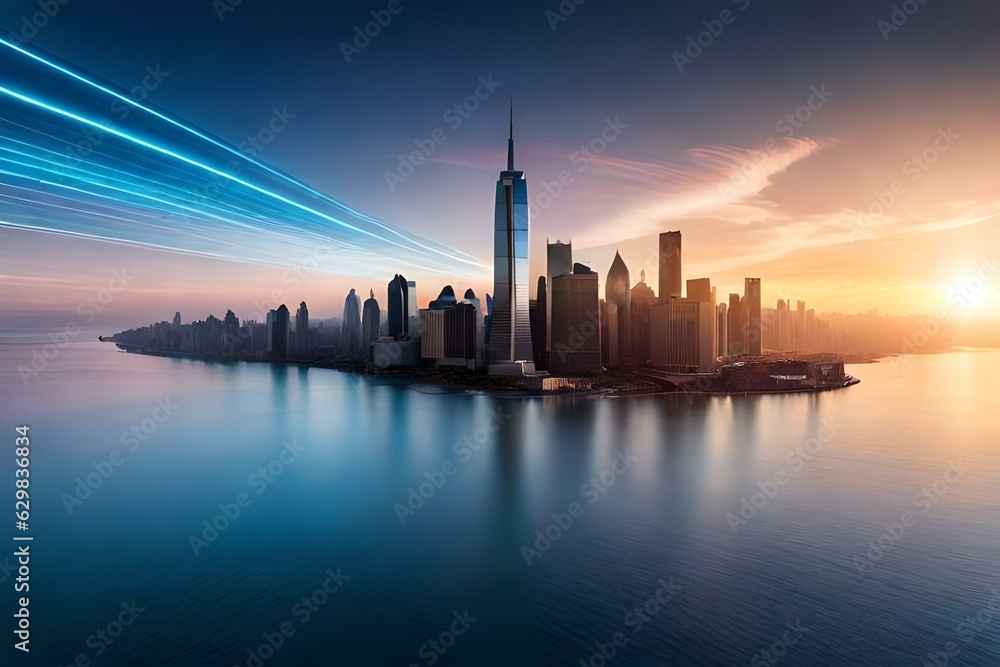 city skyline at sunset, heavy buildings in the ocean, buildings on island, modern city on island, electromagnetic waves passing from the city