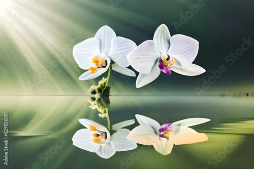 orchid flowers on the green ray background 