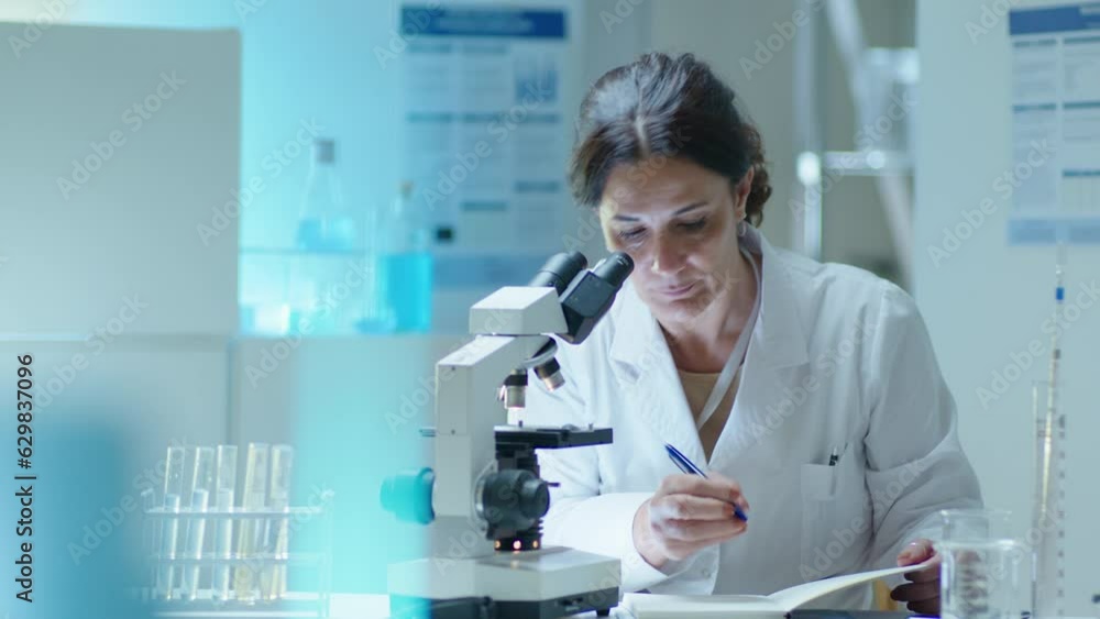 Mature female scientist in white coat using compound microscope and making notes, conducting chemistry research in laboratory Mature female scientist in white coat using compound microscope and making notes, conducting chemistry research in laboratory