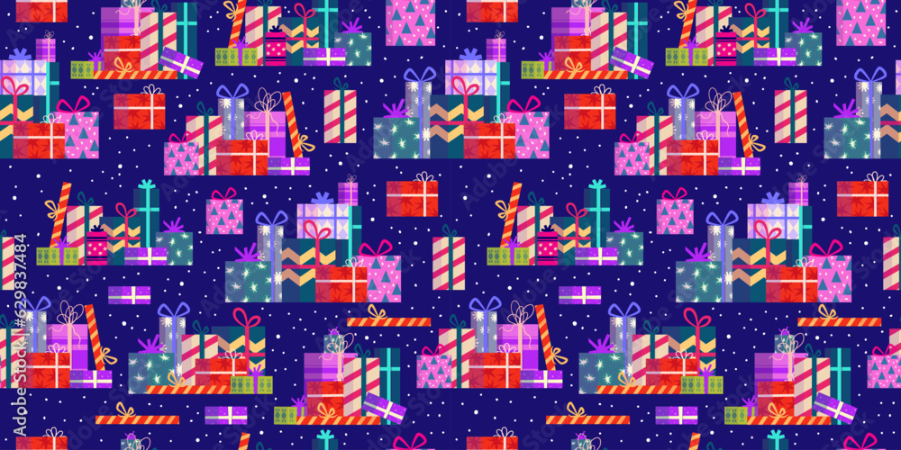 Christmas gift stack seamless pattern. Present box for holiday. Bright seamless pattern for present paper. Cartoon vector illustration. Christmas box. Christmas gift stack seamless pattern. Present box for holiday. Bright seamless pattern for present paper. Cartoon vector illustration. Christmas box.
