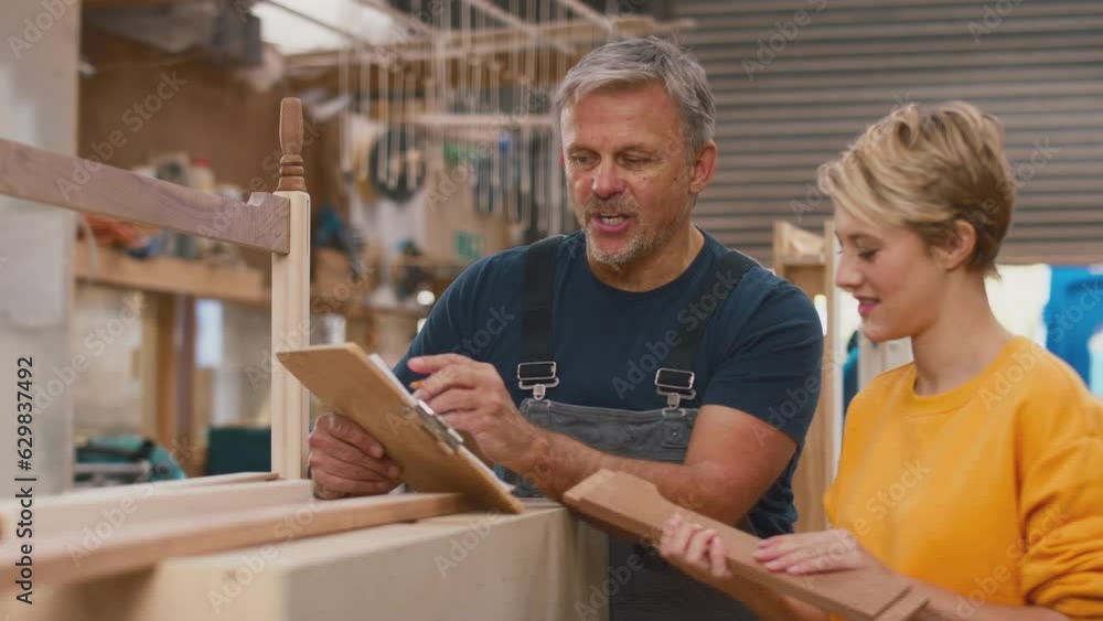 Mature male carpenter sharing woodworking skills with female apprentice in furniture factory - shot in slow motion Mature male carpenter sharing woodworking skills with female apprentice in furniture factory - shot in slow motion