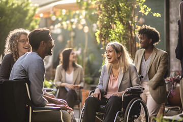 happy people in wheelchair in park. Disabled person. Friendship Concept