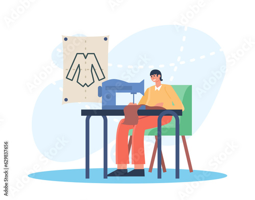 Seamstress sews on sewing machine. Man sewing clothes for female at home. Seamstress work concept. Making clothes at home. Flat vector illustration in cartoon style