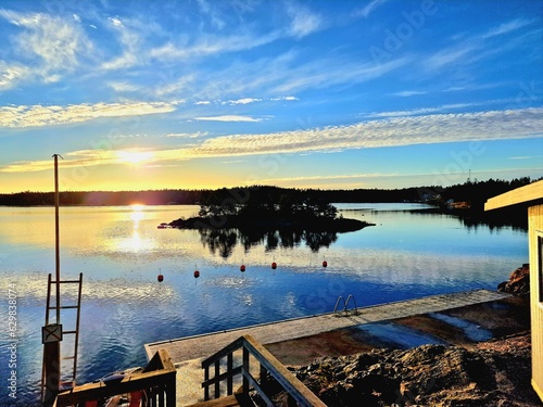 sunset over the lake with an island