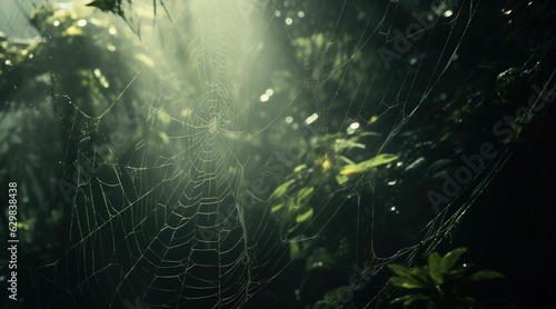 Spider webs on green forest background, generative ai
