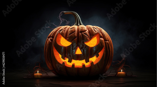 A glowing evil Halloween pumpkin on black background, generative ai